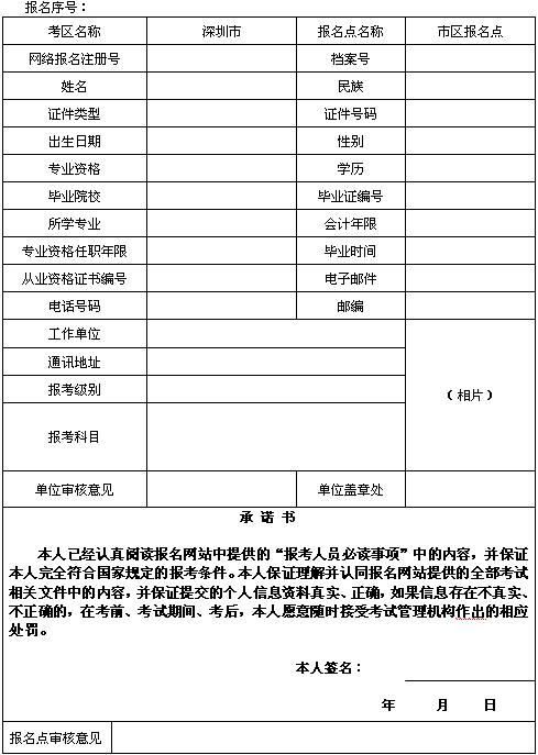 廣東深圳2015年初、中、高級會計師考試網(wǎng)上報名考生信息表