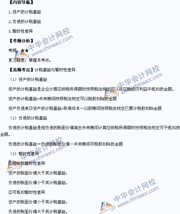 中級會計職稱考試《中級會計實務》高頻考點：計稅基礎與暫時性差異