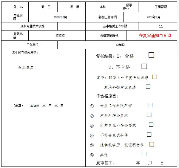 重慶市經(jīng)濟(jì)中、初級(jí)考試報(bào)名條件復(fù)審表