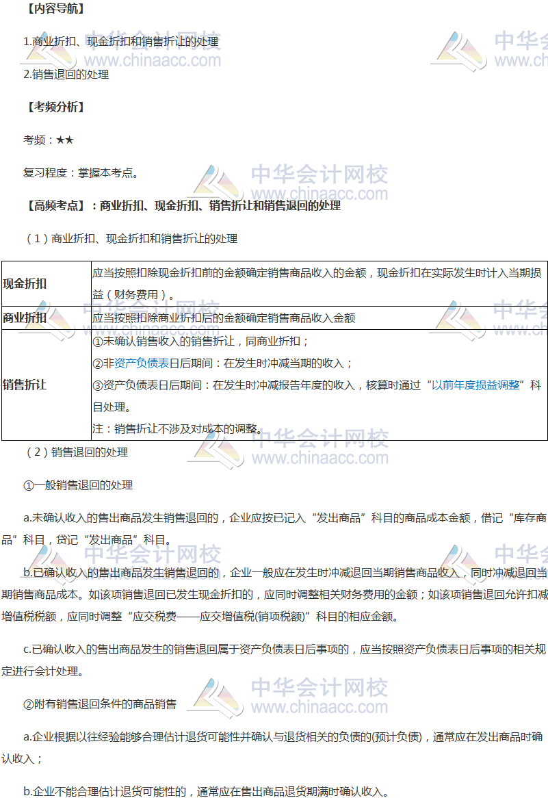 2018年《中級會計實務》高頻考點：銷售折讓和銷售退回的處理