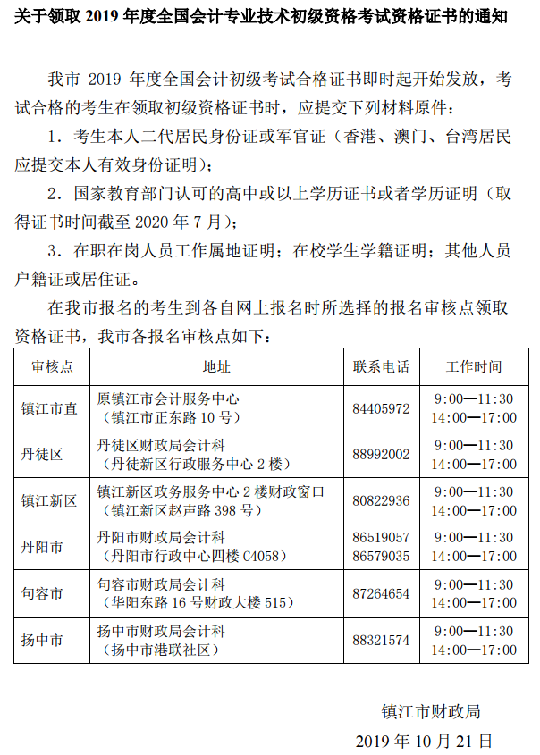 2019年江蘇省鎮(zhèn)江市初級(jí)會(huì)計(jì)證書(shū)領(lǐng)取的通知