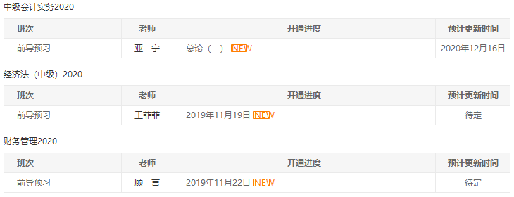 2020年中級會計(jì)職稱各班次課程更新進(jìn)度>>>