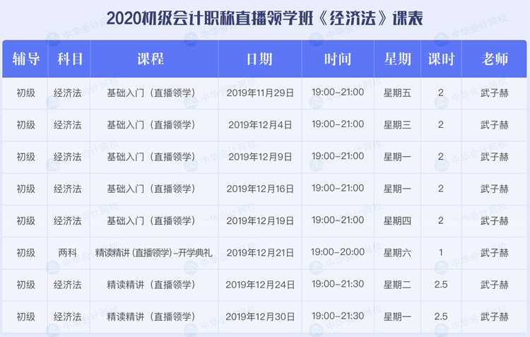 2020初級會計職稱考試直播領(lǐng)學(xué)班《經(jīng)濟法基礎(chǔ)》課程安排表