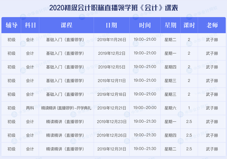 2020初級會計職稱考試直播領學班《初級會計實務》課程安排表