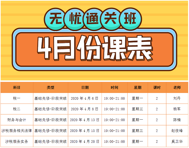 2020稅務(wù)師無憂直達(dá)班4月份課程表