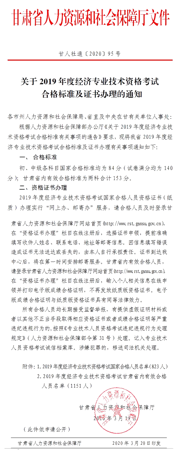 關于甘肅2019年度經濟專業(yè)技術資格考試合格標準及證書辦理的通知