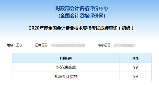 初級會計考試成績單