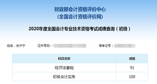 初級會計考試成績單