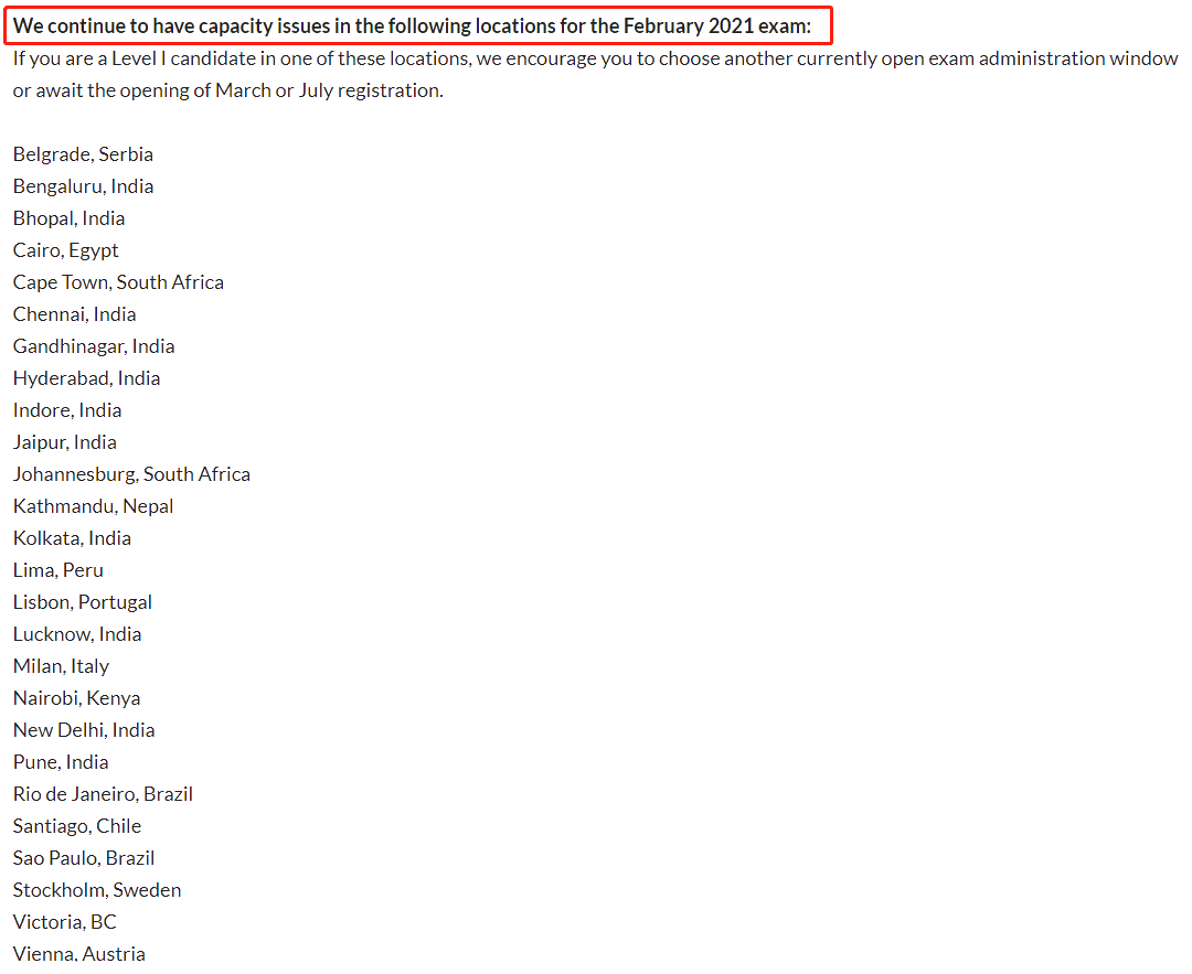 2021年2月CFA考生注意 這些考點(diǎn)已關(guān)閉考場(chǎng)預(yù)約！