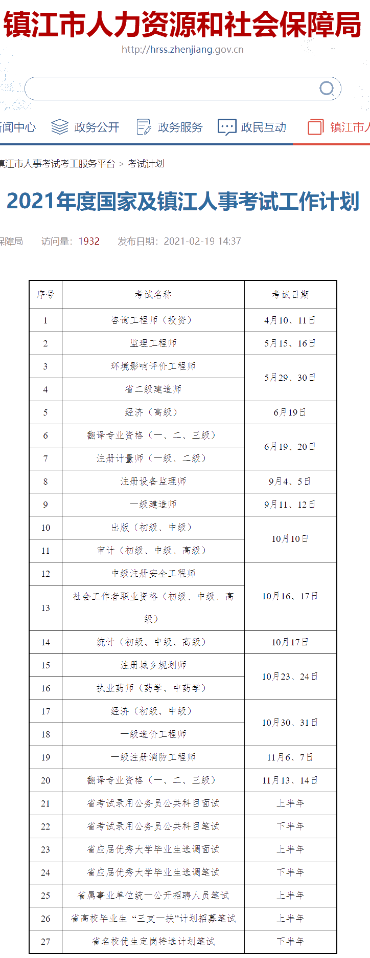 2021年度國(guó)家及鎮(zhèn)江人事考試工作計(jì)劃