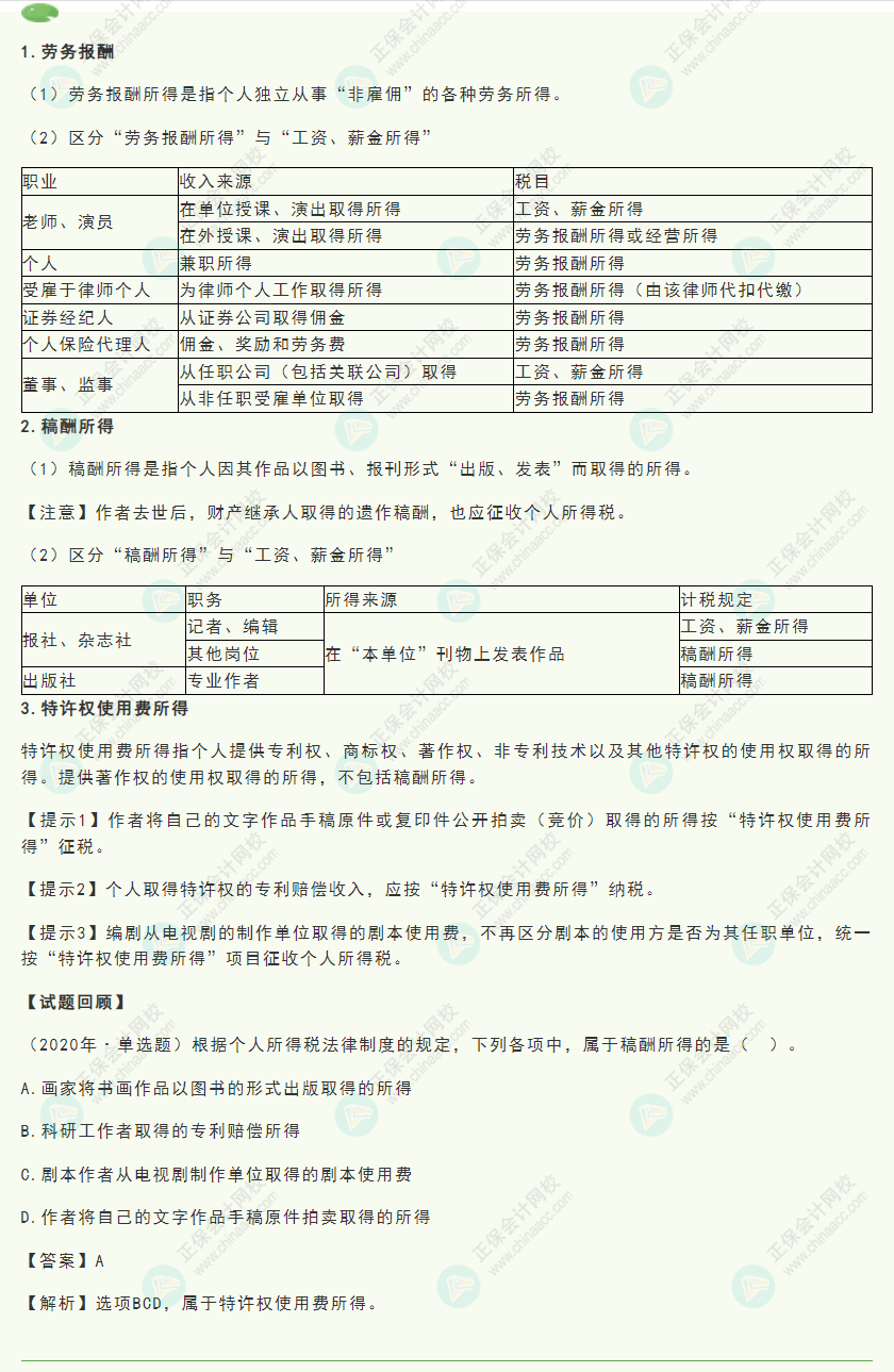 2022初級《經(jīng)濟(jì)法基礎(chǔ)》高頻考點(diǎn):勞務(wù)報酬、稿酬、特許權(quán)使用費(fèi)所得