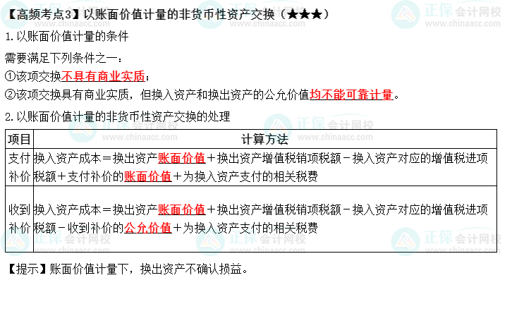 2022中級《中級會計實(shí)務(wù)》高頻考點(diǎn)：以賬面價值計量的非貨幣性資產(chǎn)交換（★★★）