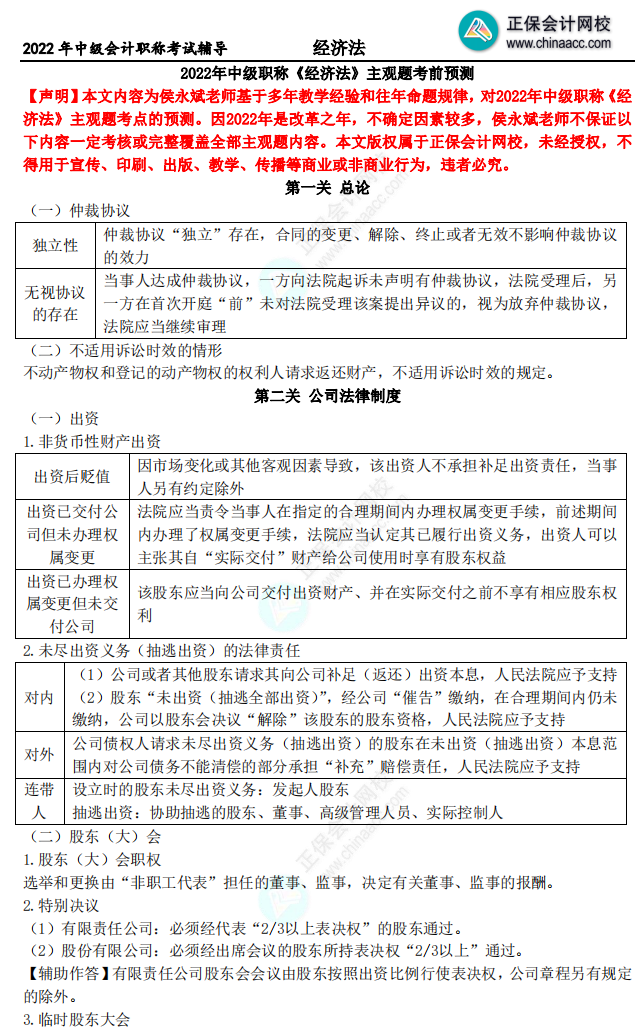 【13頁下載版】2022侯永斌中級會計經(jīng)濟(jì)法主觀題核心考點提示