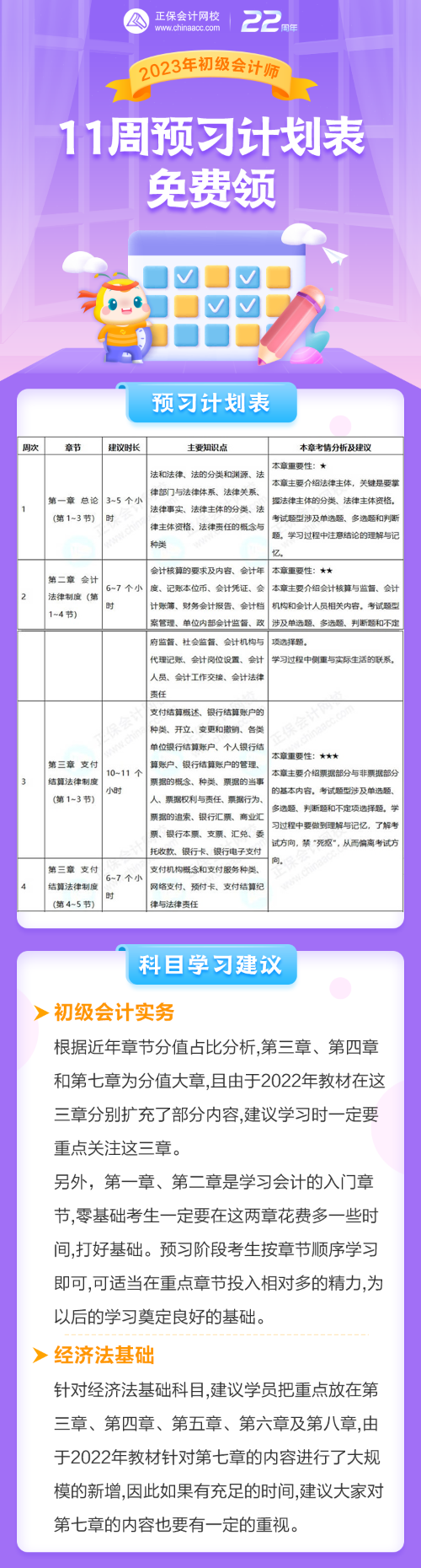 2023年初級(jí)會(huì)計(jì)考試11周預(yù)習(xí)計(jì)劃表免費(fèi)領(lǐng)！