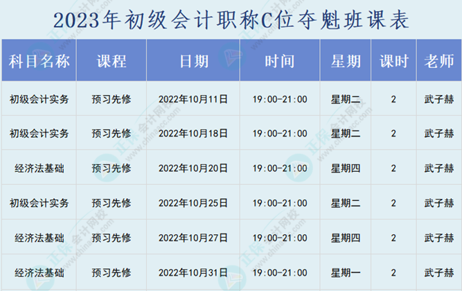 2023年初級會計(jì)職稱C位奪魁班直播課表表