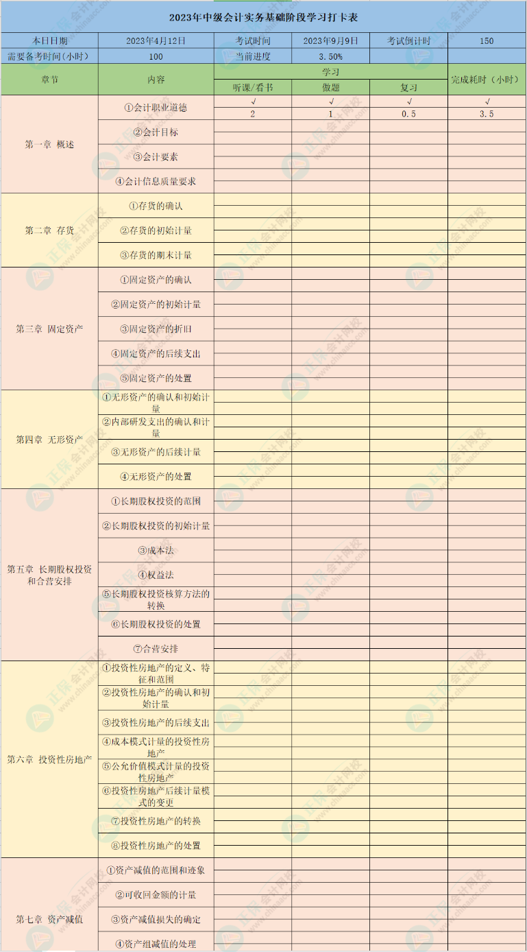 2023年中級會計實務26章學習打卡表