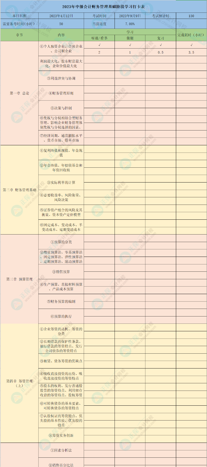 2023年中級會計(jì)財務(wù)管理10章學(xué)習(xí)打卡表