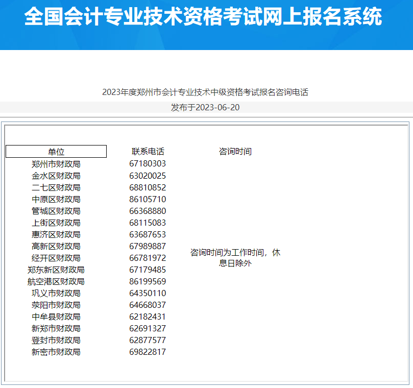 河南鄭州2023年中級(jí)會(huì)計(jì)資格考試報(bào)名咨詢電話