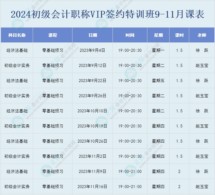 2024初級(jí)會(huì)計(jì)職稱VIP簽約特訓(xùn)班9-11月直播課表