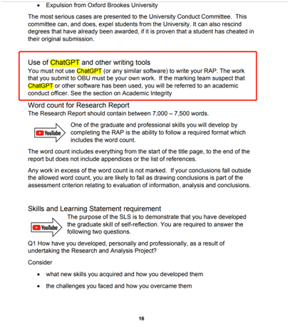 圖2：BSc(Hons) in Applied Accounting Research and Analysis Project(RAP)第16頁(yè)關(guān)于使用ChatGPT的限制