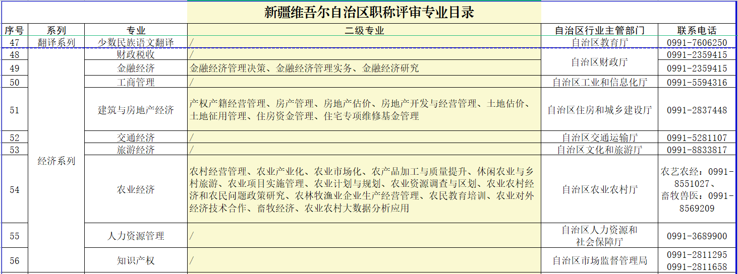 新疆經(jīng)濟系列職稱評審專業(yè)目錄