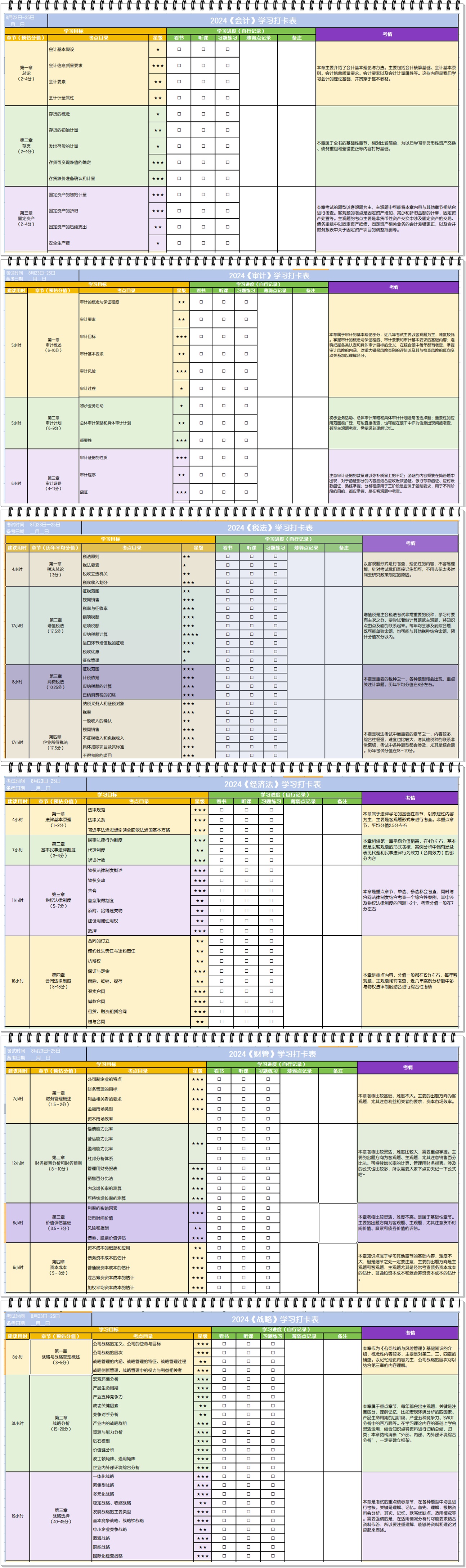 注會(huì)預(yù)習(xí)階段打卡表