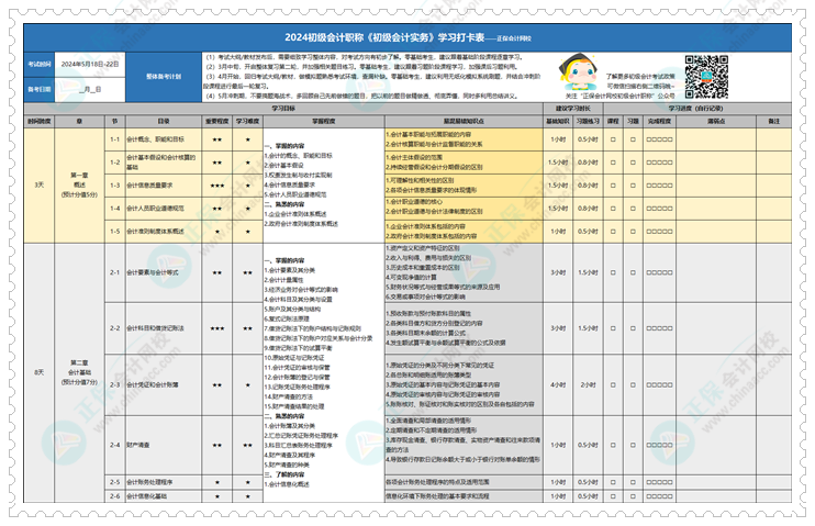 快來領(lǐng)~2024年初級會計學(xué)習(xí)計劃打卡表新鮮出爐！拖延癥很適用！