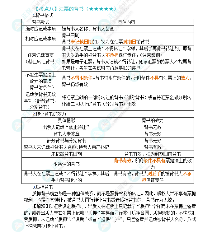 2024年注會《經濟法》第9章高頻考點8：匯票的背書