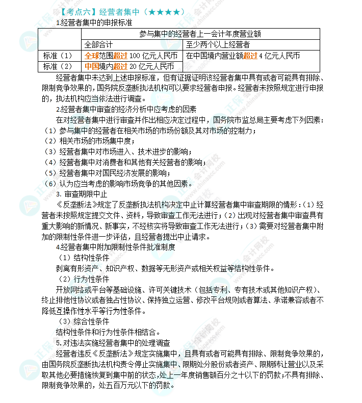 2024年注會(huì)《經(jīng)濟(jì)法》第11章高頻考點(diǎn)6：經(jīng)營(yíng)者集中