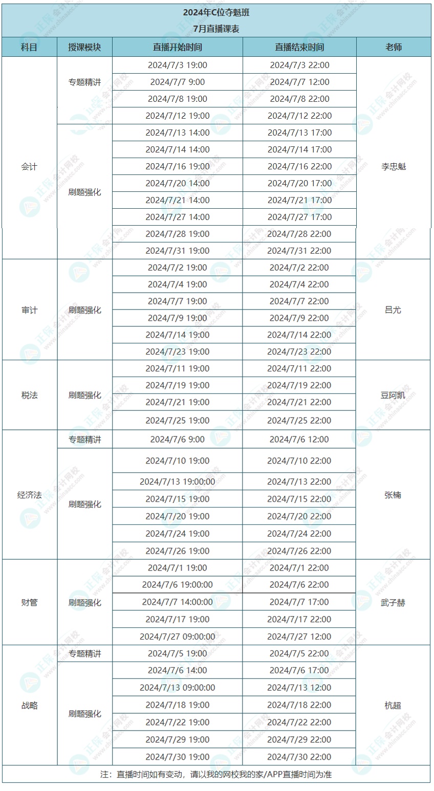 2024年注會C位奪魁班7月課表更新啦！速看上課時間~