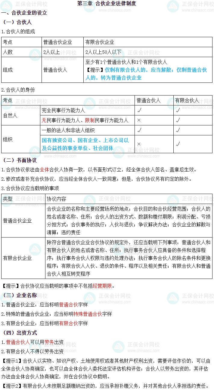 2024年中級會計職稱《經(jīng)濟法》三色筆記第三章：合伙法律制度