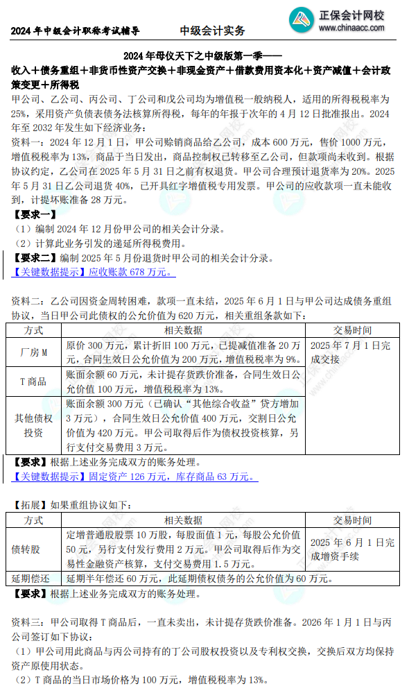 2024年《中級(jí)會(huì)計(jì)實(shí)務(wù)》母儀天下第一季-非現(xiàn)金資產(chǎn)專題