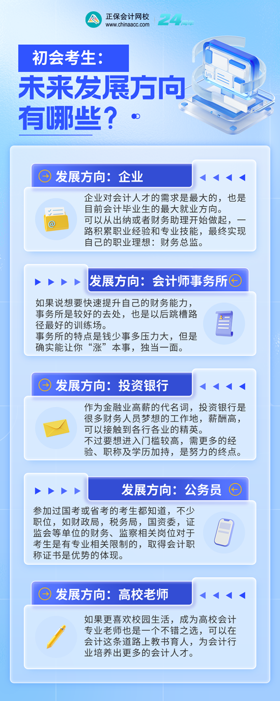 初級會計考生未來的發(fā)展方向有哪些？企業(yè)、事務所、銀行... ...