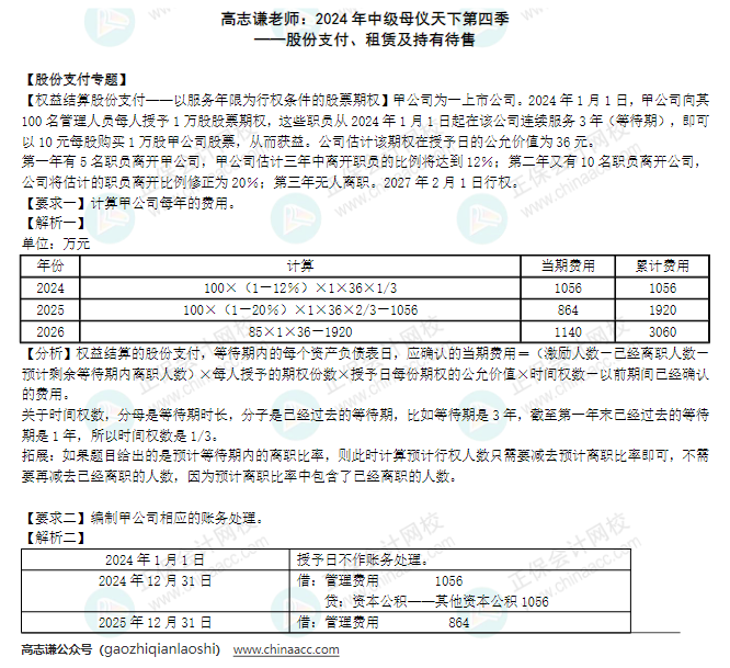 【答案】2024年《中級(jí)會(huì)計(jì)實(shí)務(wù)》母儀天下第四季-股份支付、租賃及持有待售