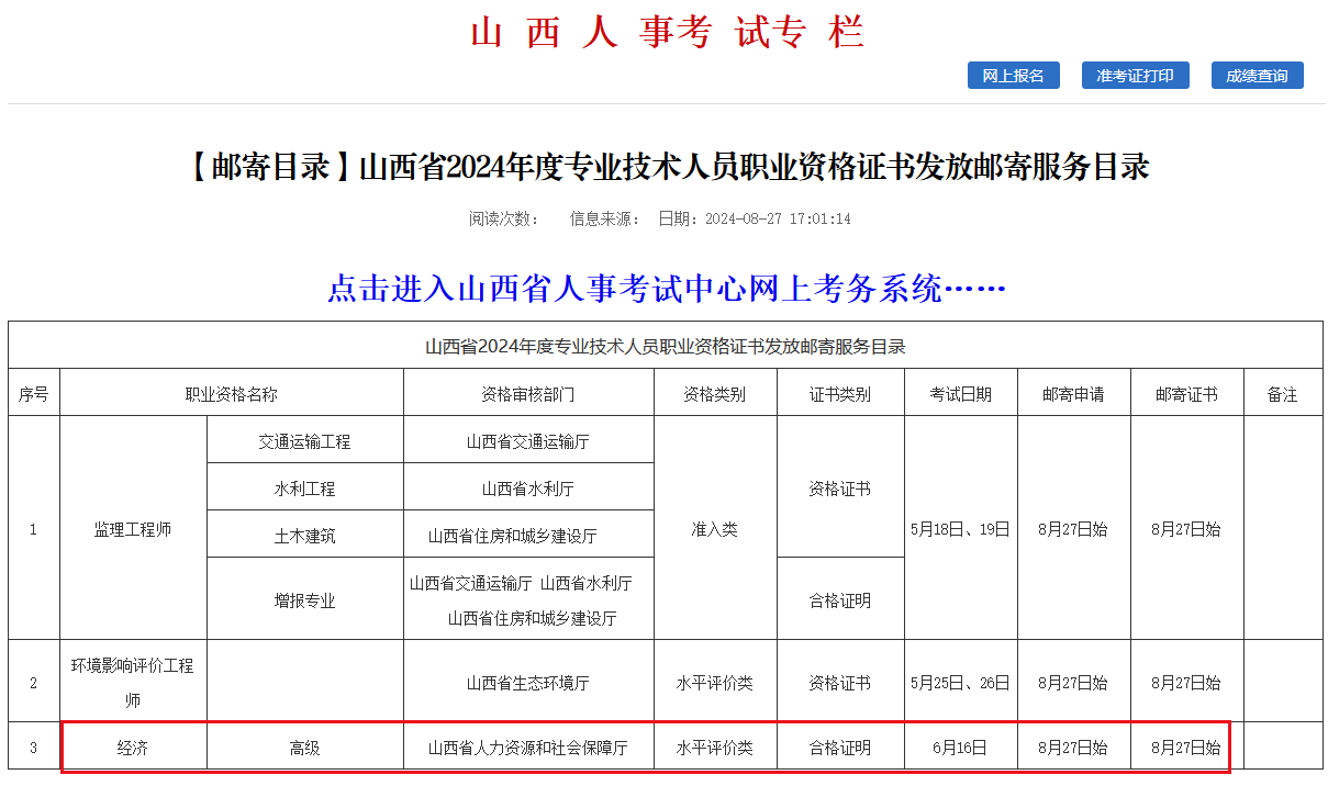 山西2024年高級經(jīng)濟師合格證明郵寄