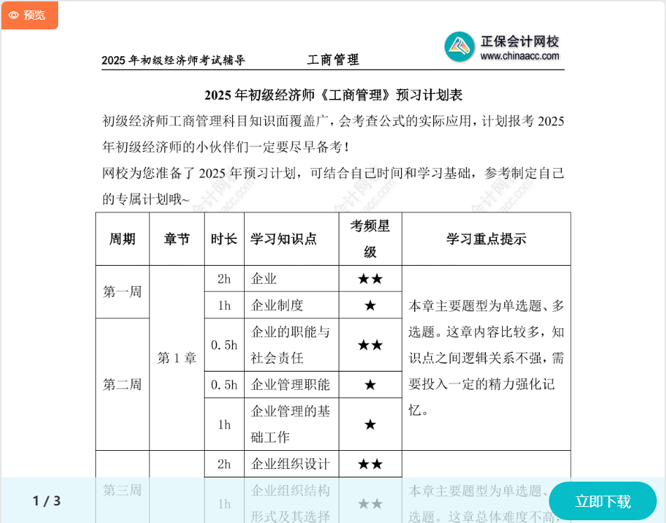 初級(jí)經(jīng)濟(jì)師《工商管理》預(yù)習(xí)計(jì)劃表 